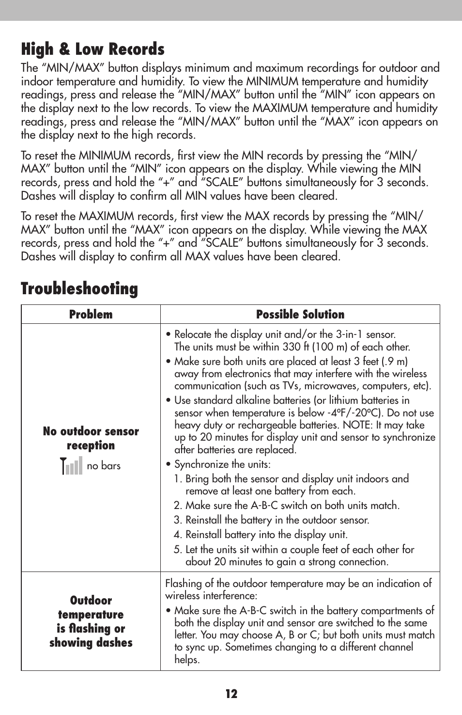 High & low records, Troubleshooting | AcuRite 00634 Weather Station User Manual | Page 12 / 16