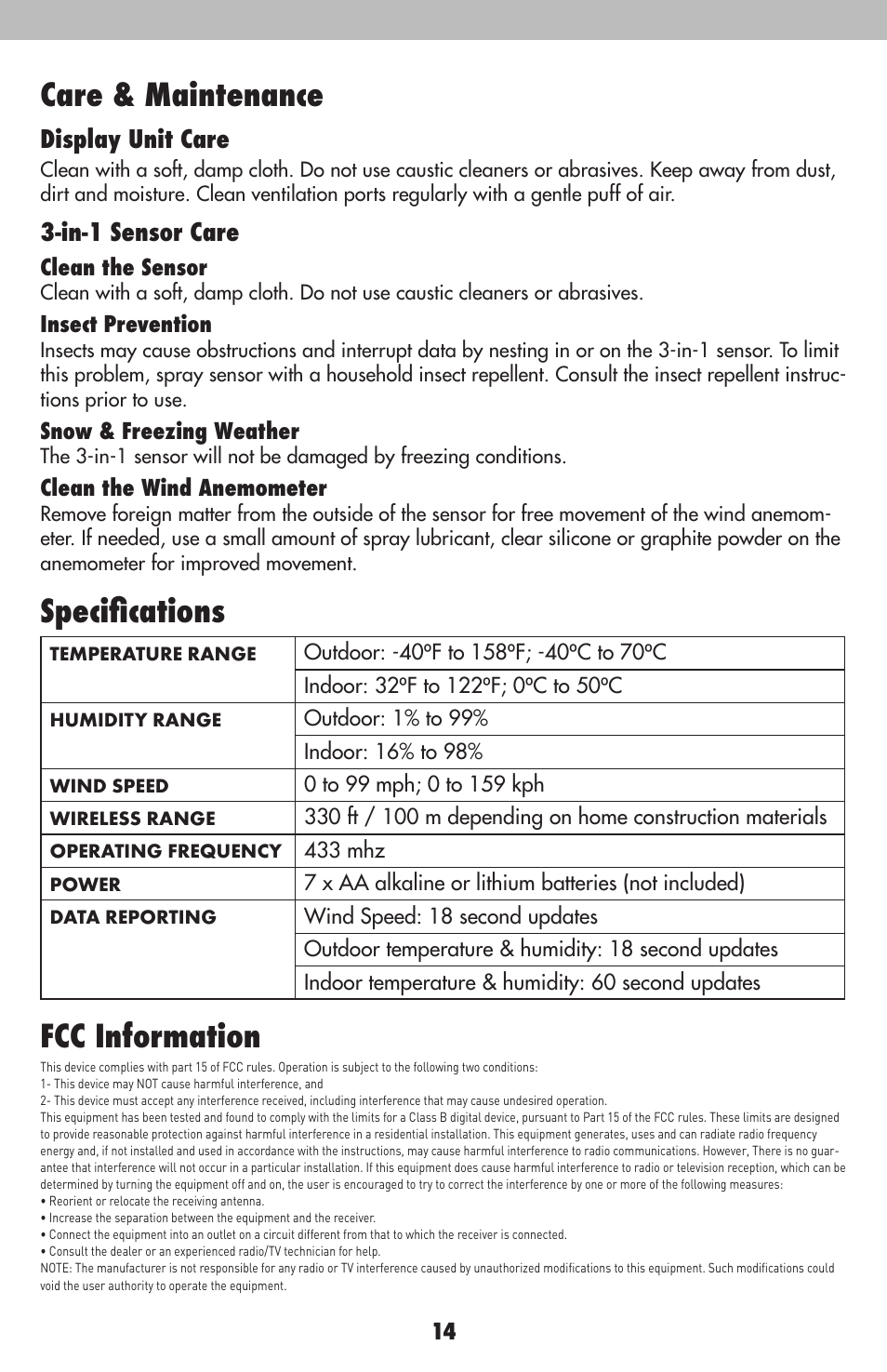 Fcc information, Specifications care & maintenance | AcuRite 00634 Weather Station User Manual | Page 14 / 16