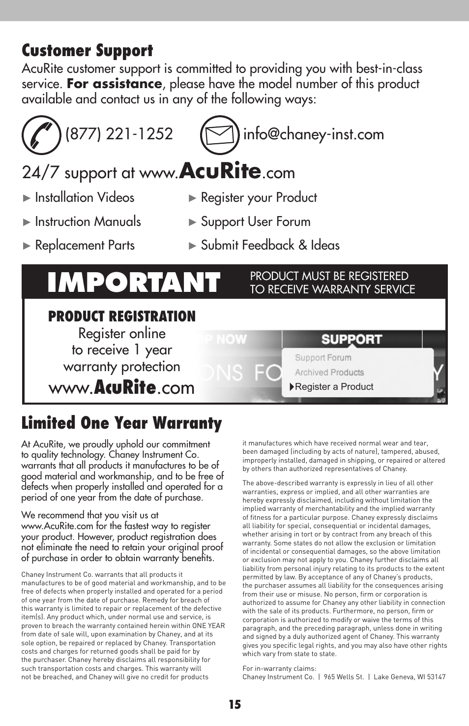 Important, Acurite, Limited one year warranty | Customer support, Installation videos, Register your product, Instruction manuals, Support user forum, Replacement parts, Submit feedback & ideas | AcuRite 00634 Weather Station User Manual | Page 15 / 16