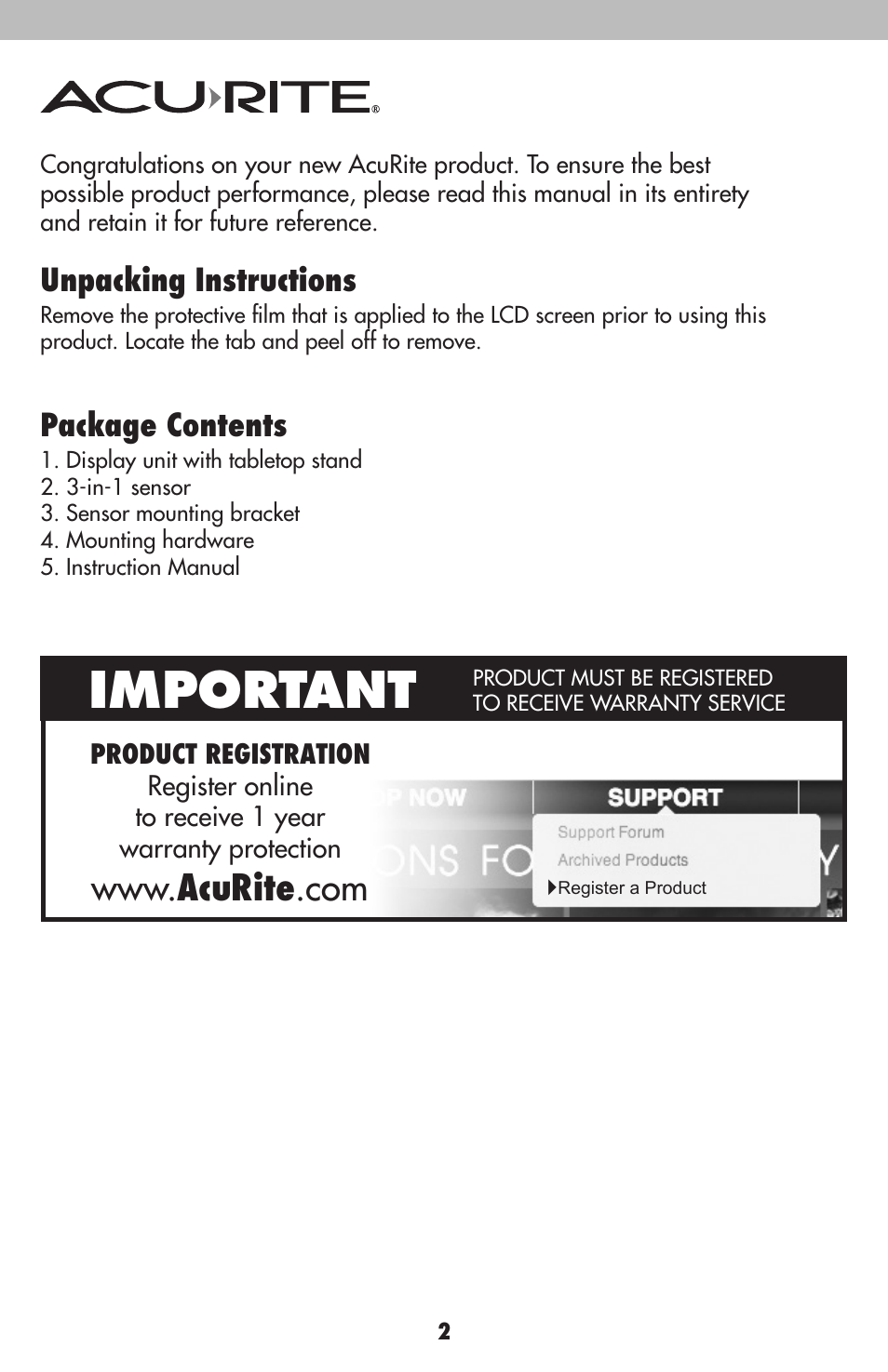 Important, Unpacking instructions, Package contents | AcuRite 00634 Weather Station User Manual | Page 2 / 16