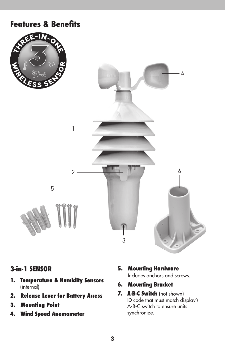 Features & benefits, In-1 sensor | AcuRite 00634 Weather Station User Manual | Page 3 / 16