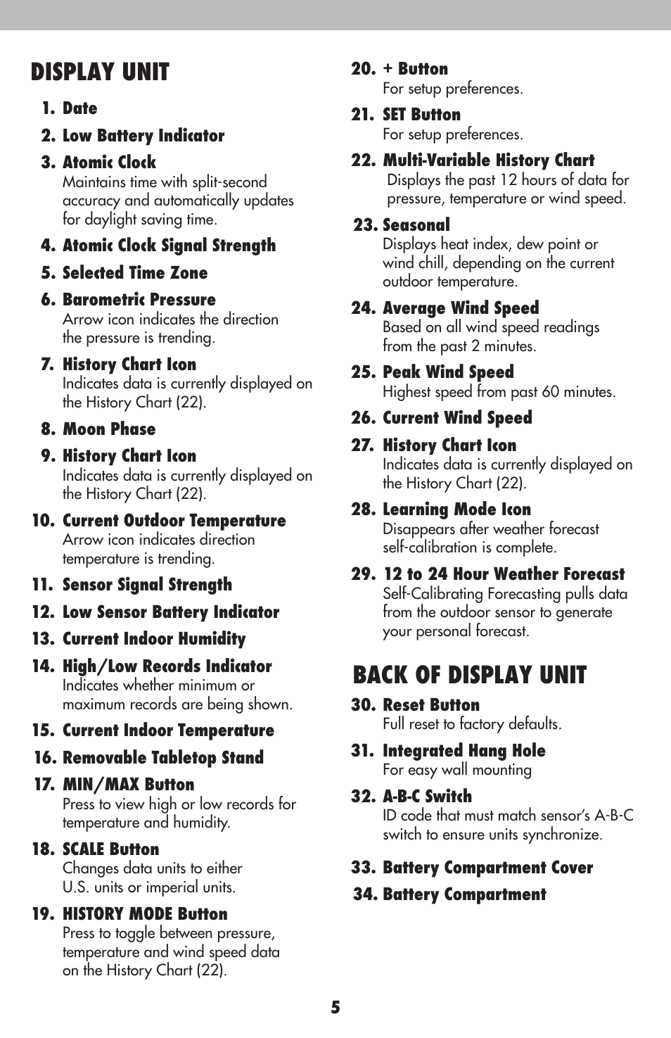 Display unit, Back of display unit | AcuRite 00634 Weather Station User Manual | Page 5 / 16