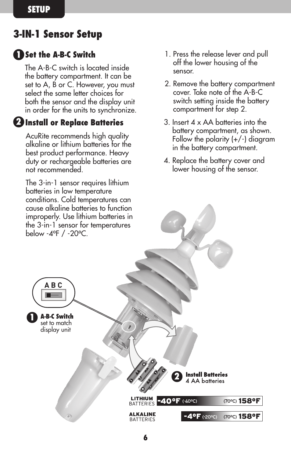 In-1 sensor setup, Setup | AcuRite 00634 Weather Station User Manual | Page 6 / 16