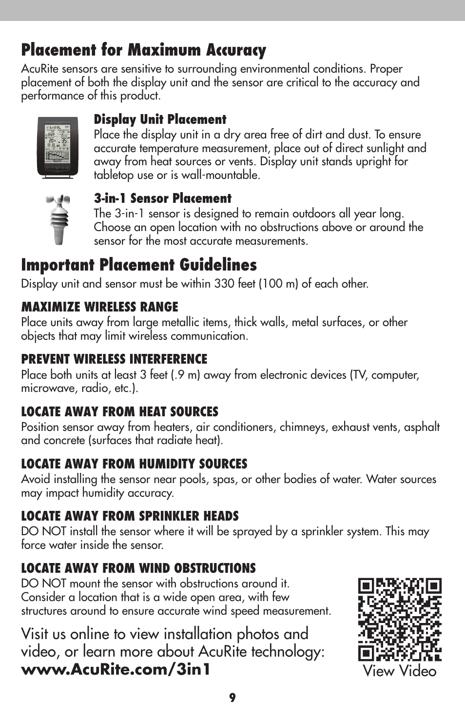 Placement for maximum accuracy, Important placement guidelines | AcuRite 00634 Weather Station User Manual | Page 9 / 16