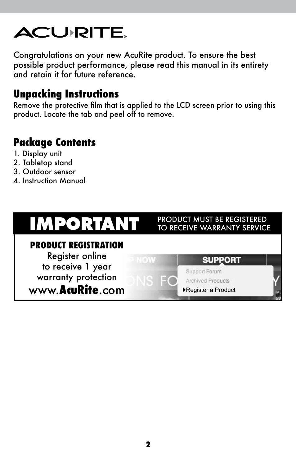 Important, Unpacking instructions, Package contents | AcuRite 00838 Weather Station User Manual | Page 2 / 12