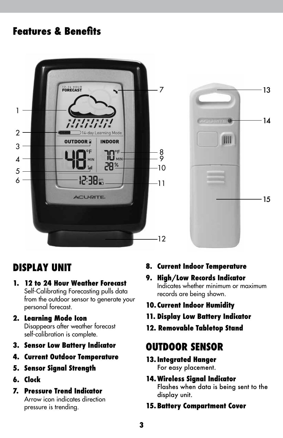 Features & benefits display unit, Outdoor sensor | AcuRite 00838 Weather Station User Manual | Page 3 / 12