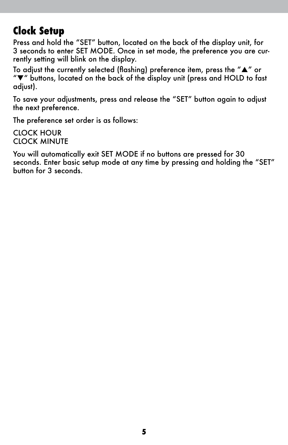 Clock setup | AcuRite 00838 Weather Station User Manual | Page 5 / 12
