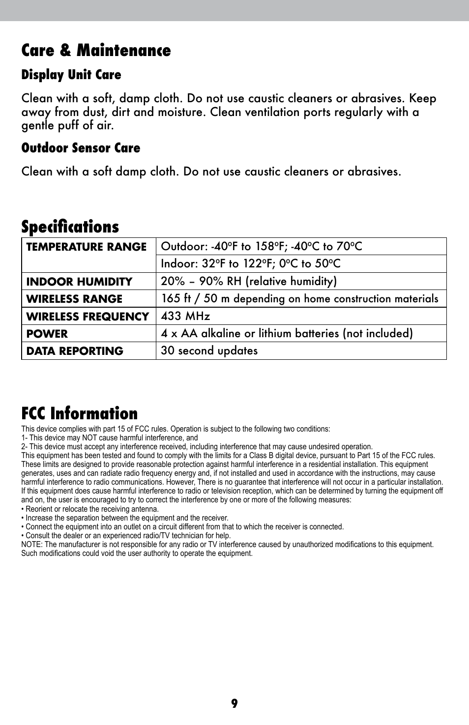 Care & maintenance, Specifications, Fcc information | Display unit care, Outdoor sensor care | AcuRite 00838 Weather Station User Manual | Page 9 / 12