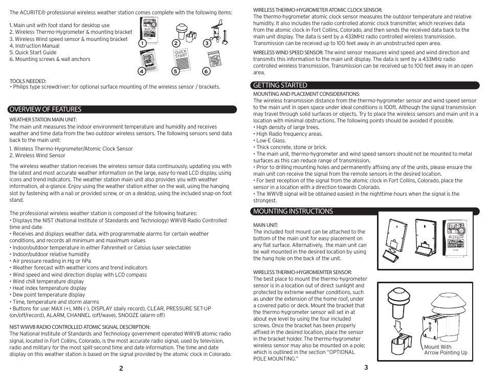 Exit, Overview of features, Getting started | Mounting instructions | AcuRite 00992 Weather Station User Manual | Page 2 / 9