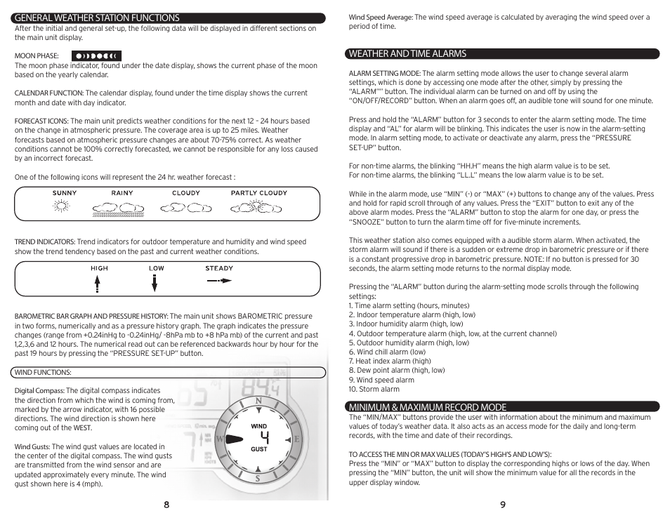 General weather station functions, Weather and time alarms, Minimum & maximum record mode | AcuRite 00992 Weather Station User Manual | Page 5 / 9