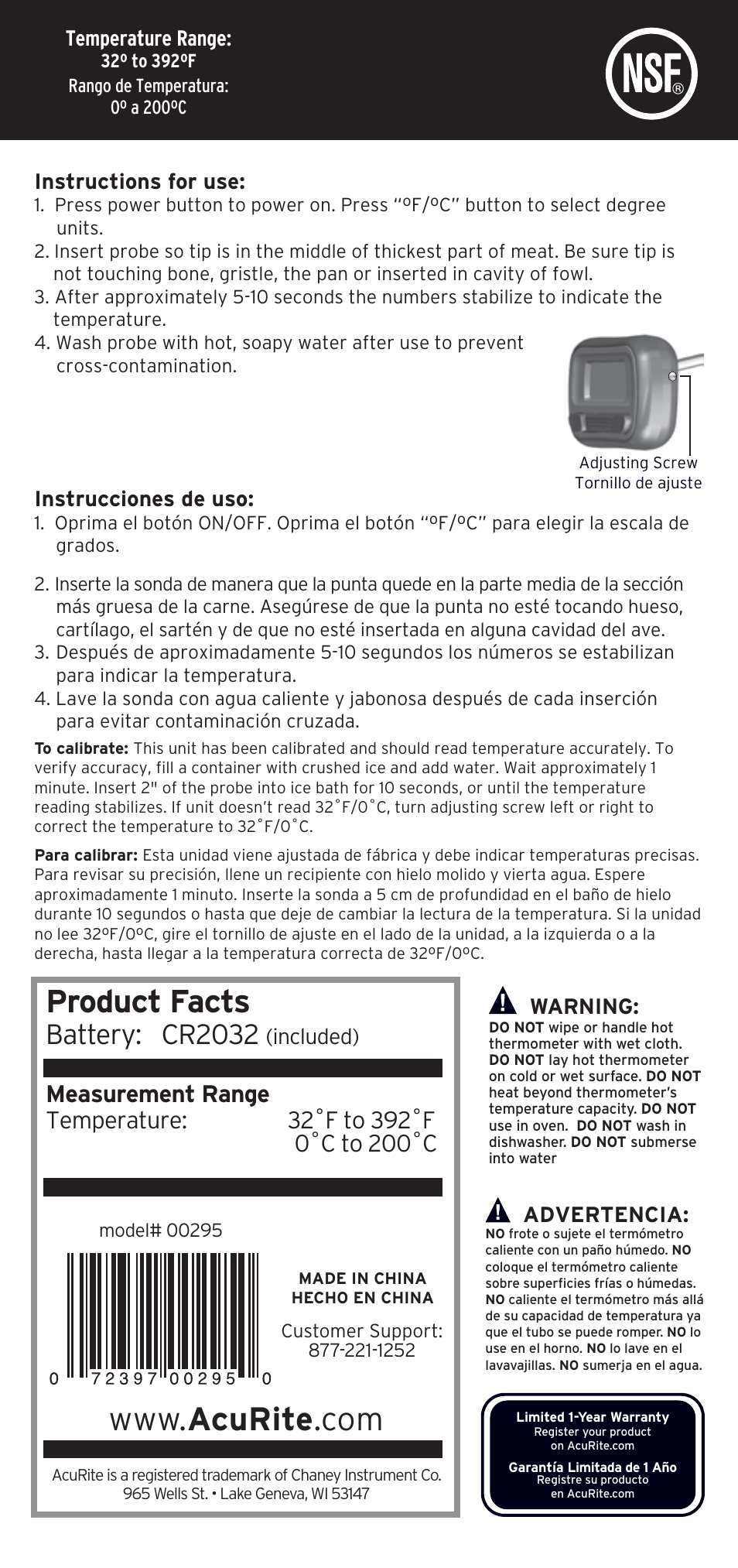 AcuRite 00295 Thermometer User Manual | 1 page