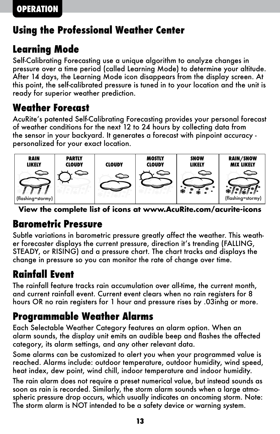 Weather forecast, Barometric pressure, Rainfall event | Programmable weather alarms, Operation | AcuRite 01602BPDI Weather Station User Manual | Page 13 / 22