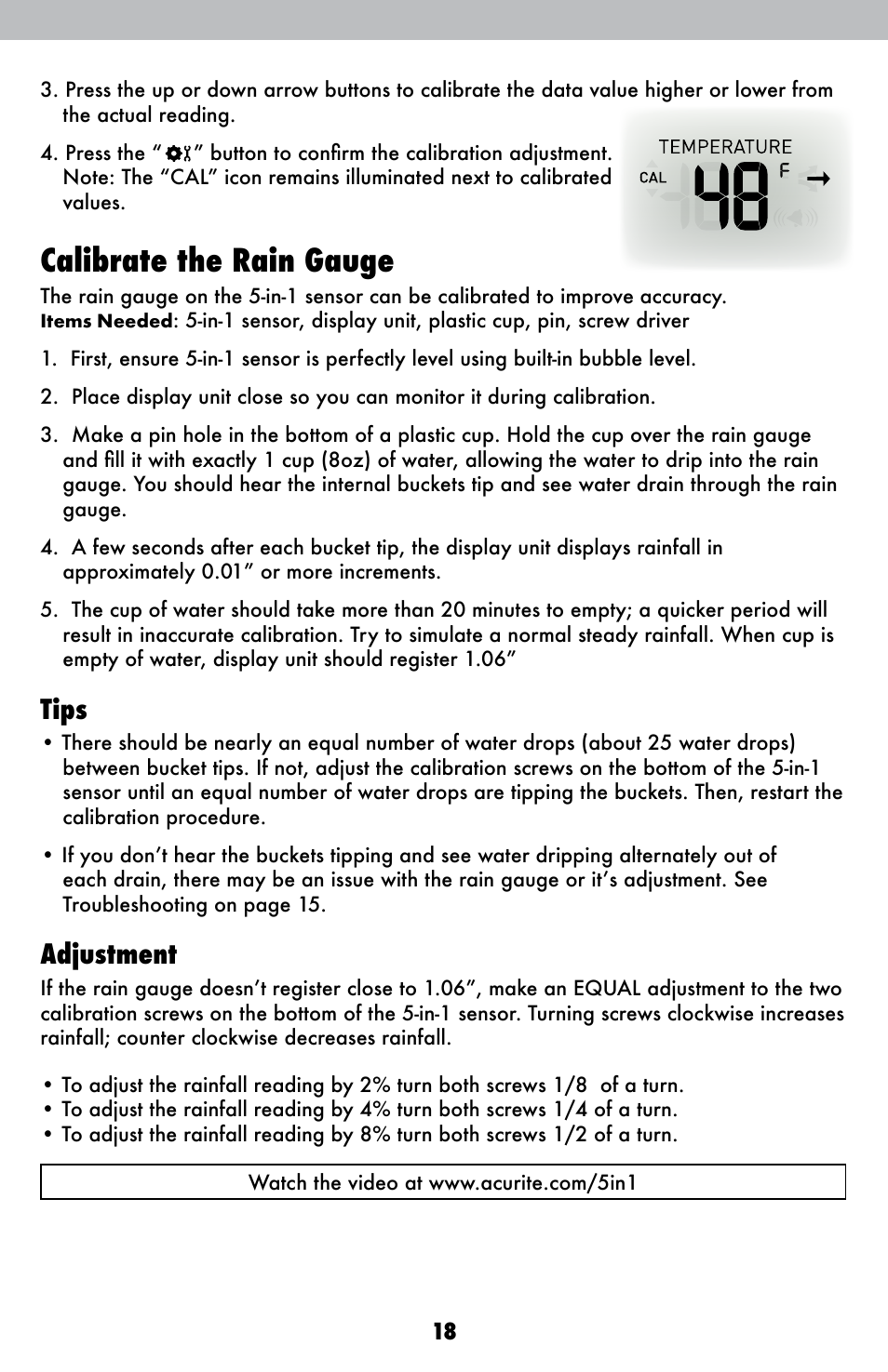 Calibrate the rain gauge, Tips, Adjustment | AcuRite 01602BPDI Weather Station User Manual | Page 18 / 22