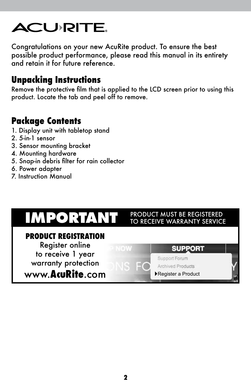 Important, Unpacking instructions, Package contents | AcuRite 01602BPDI Weather Station User Manual | Page 2 / 22