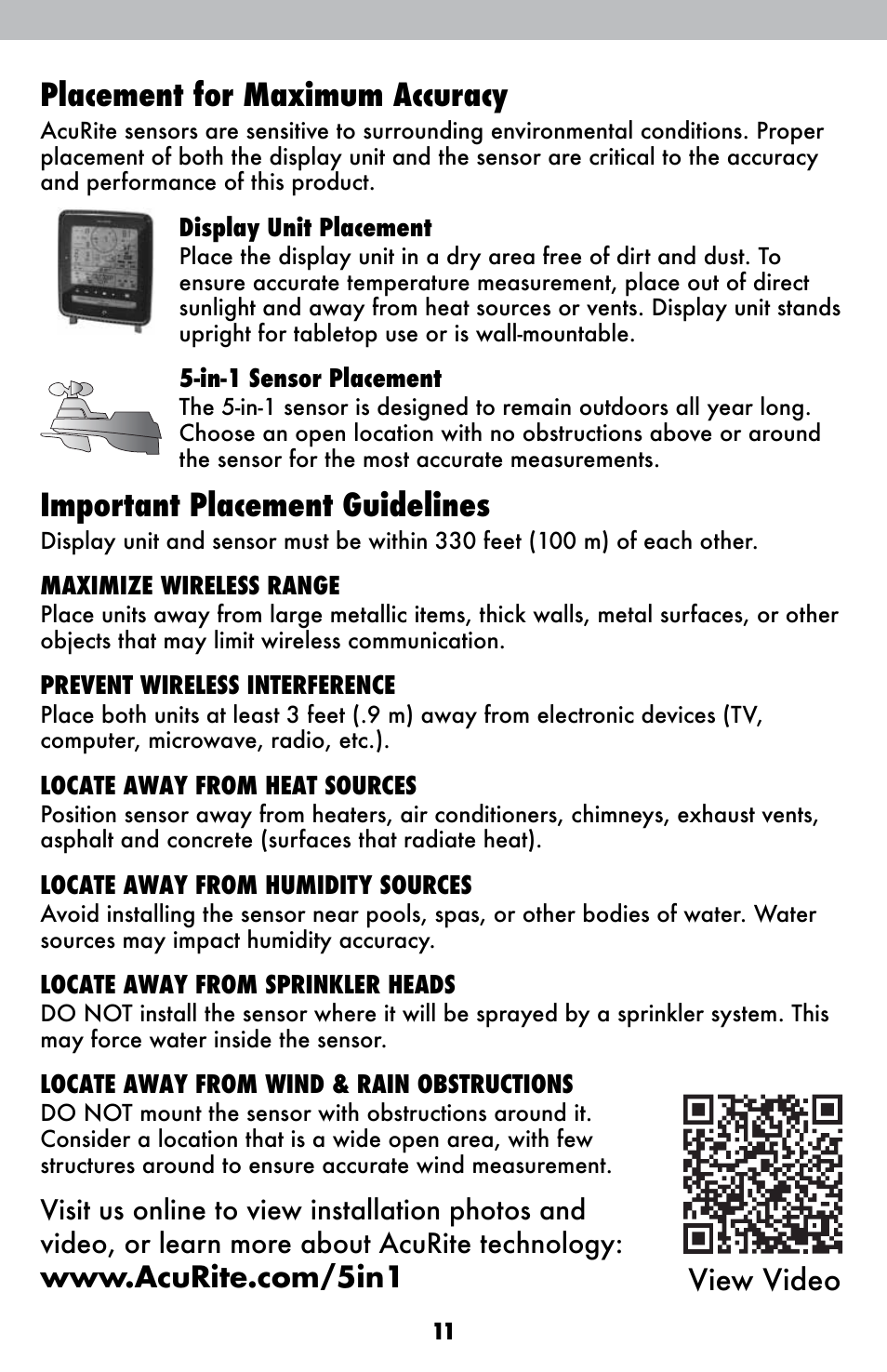 Placement for maximum accuracy, Important placement guidelines | AcuRite 01525 Weather Station User Manual | Page 11 / 26