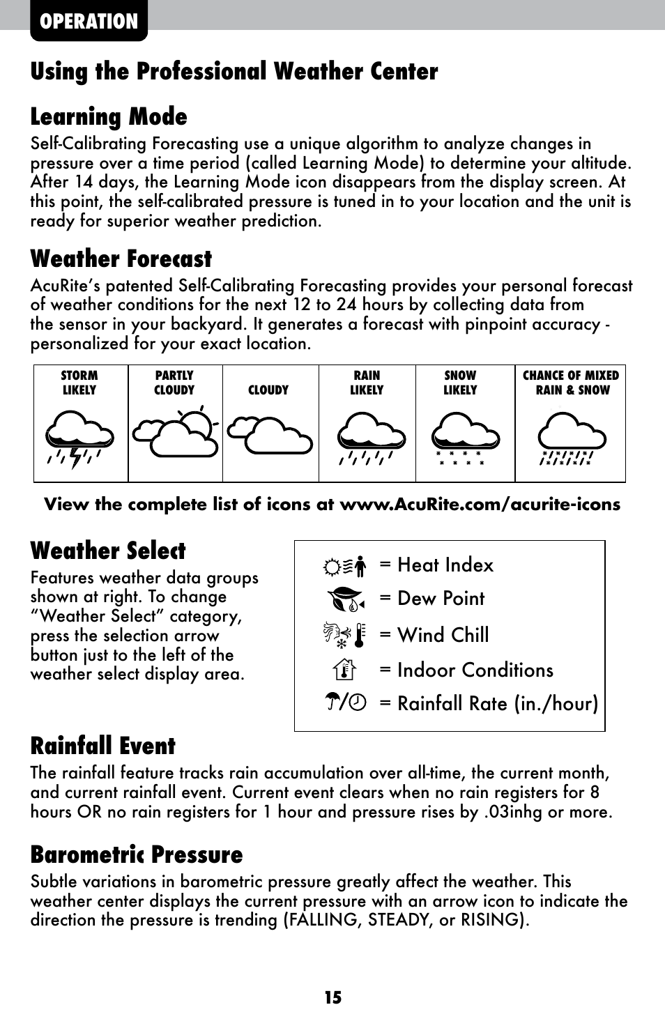 Weather forecast, Weather select, Rainfall event | Barometric pressure, Operation | AcuRite 01525 Weather Station User Manual | Page 15 / 26