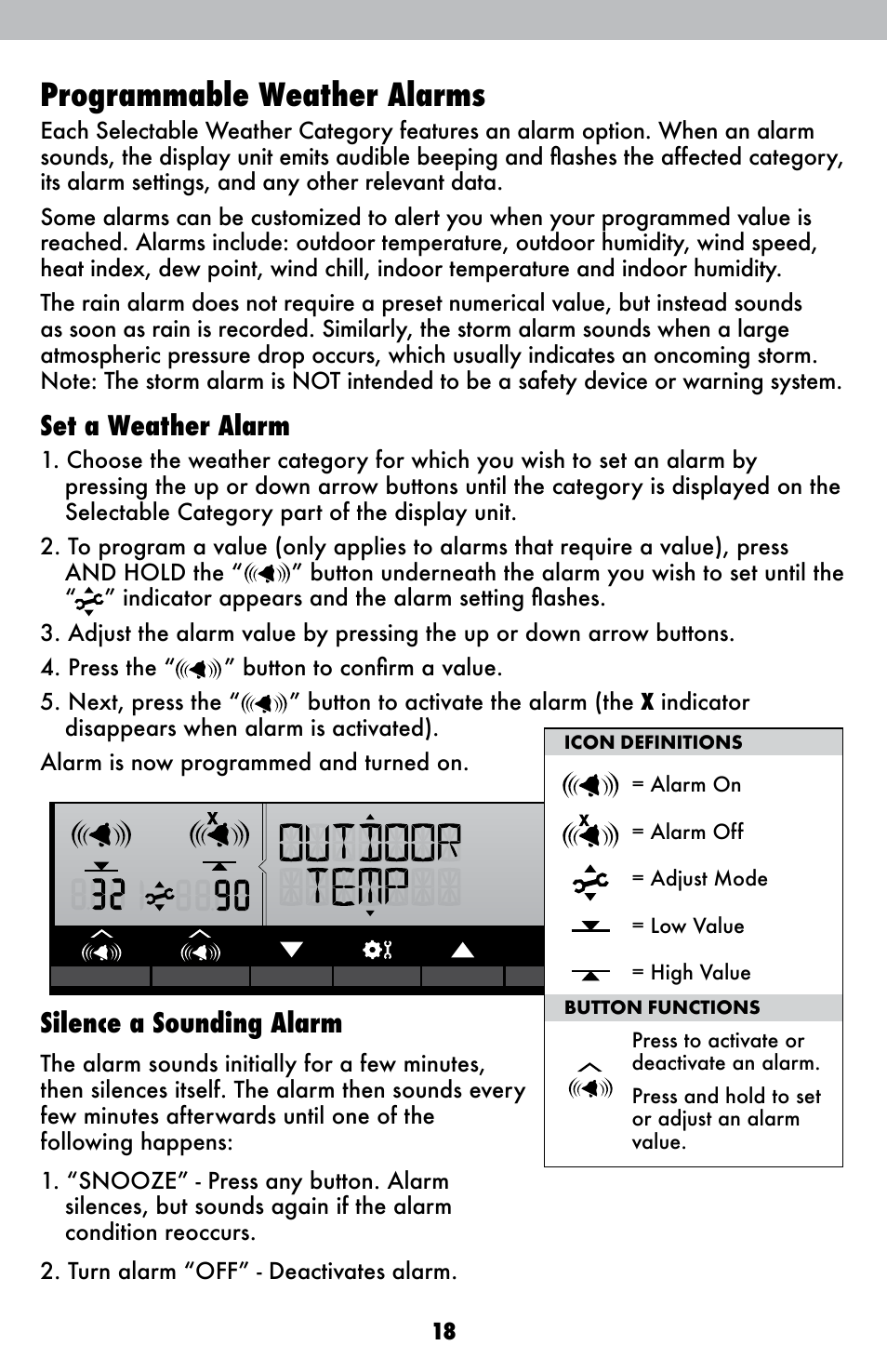 Programmable weather alarms, Set a weather alarm, Silence a sounding alarm | AcuRite 01525 Weather Station User Manual | Page 18 / 26