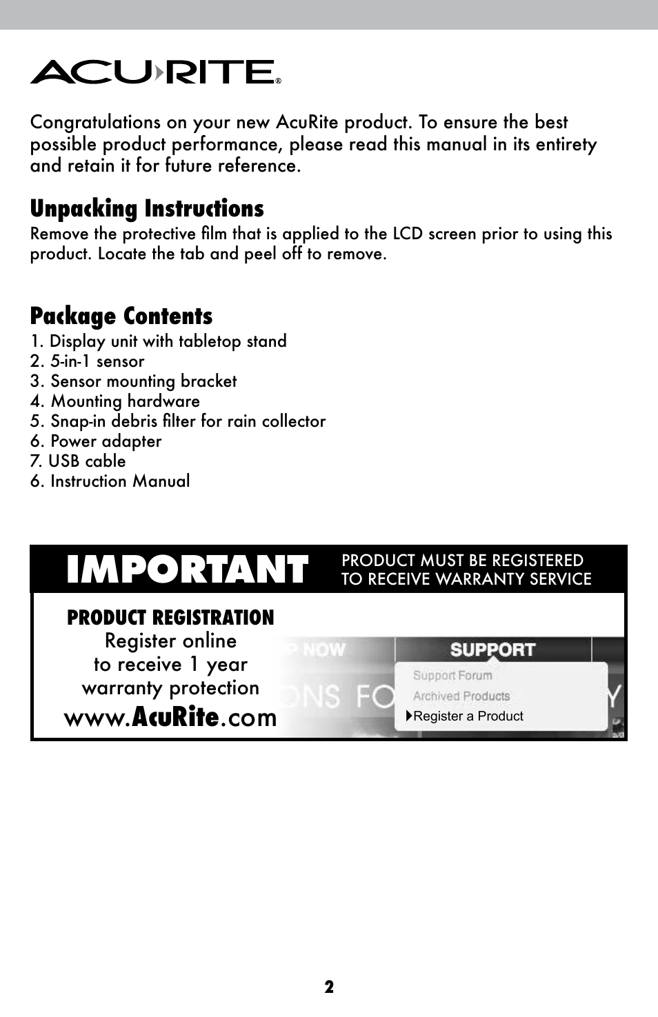 Important, Unpacking instructions, Package contents | AcuRite 01525 Weather Station User Manual | Page 2 / 26