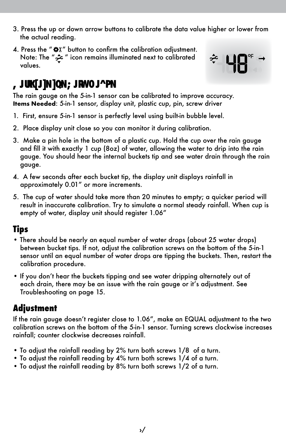 C alibrate the r ain gauge, Tips, Adjustment | AcuRite 01525 Weather Station User Manual | Page 23 / 26