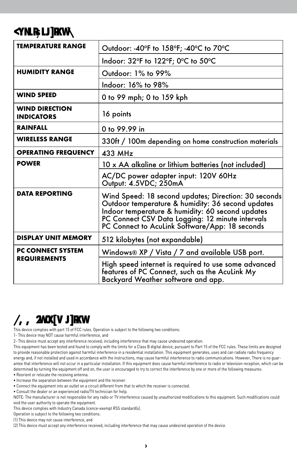 Fc c inform ation, Specifications | AcuRite 01525 Weather Station User Manual | Page 24 / 26