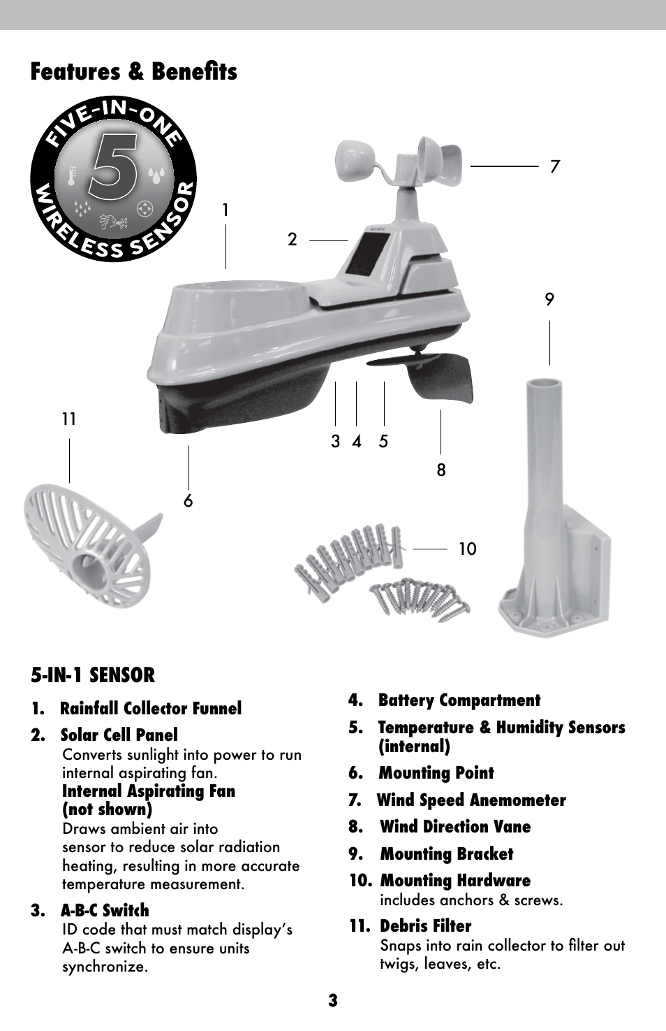 Features & benefits, In-1 sensor | AcuRite 01525 Weather Station User Manual | Page 3 / 26