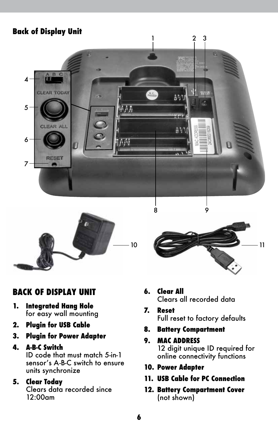 Back of display unit | AcuRite 01525 Weather Station User Manual | Page 6 / 26