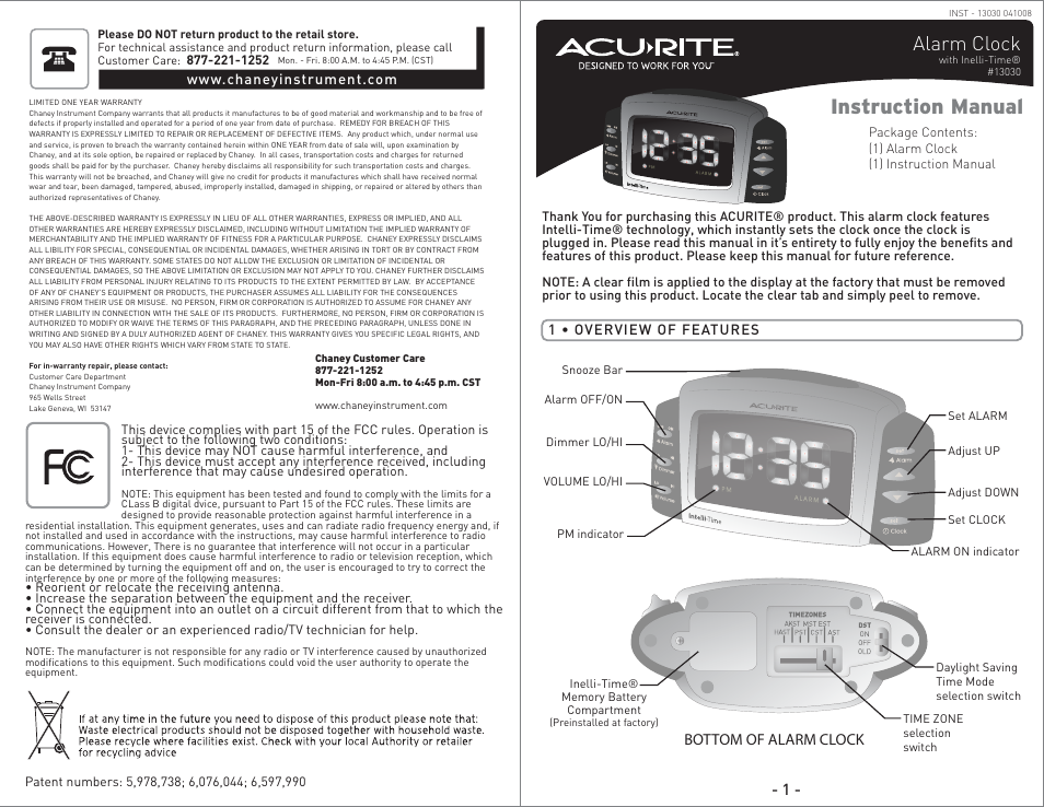 AcuRite 13030 Alarm Clock User Manual | 2 pages