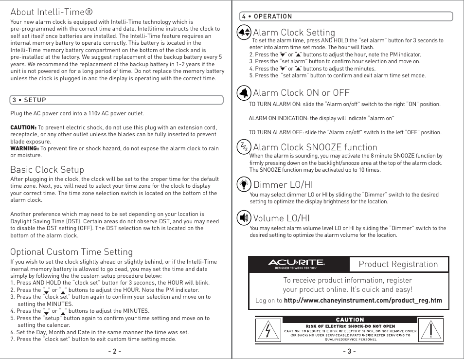 13030 - inst08.pg2.pdf, Volume lo/hi, Dimmer lo/hi alarm clock setting | Alarm clock on or off, Alarm clock snooze function, Product registration | AcuRite 13030 Alarm Clock User Manual | Page 2 / 2