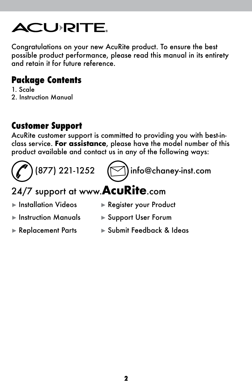 Acurite, Package contents, Customer support | AcuRite 00947 Scale User Manual | Page 2 / 10