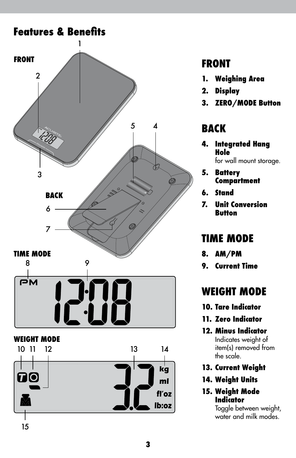 Features & benefits, Front, Back | Time mode, Weight mode | AcuRite 00947 Scale User Manual | Page 3 / 10