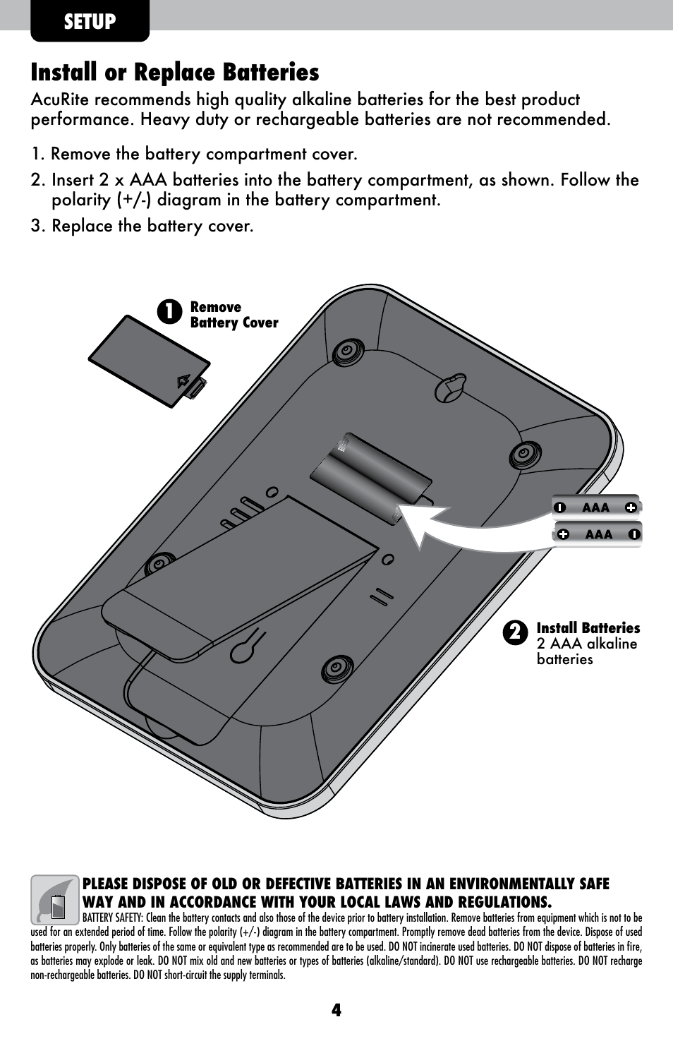 Install or replace batteries, Setup | AcuRite 00947 Scale User Manual | Page 4 / 10