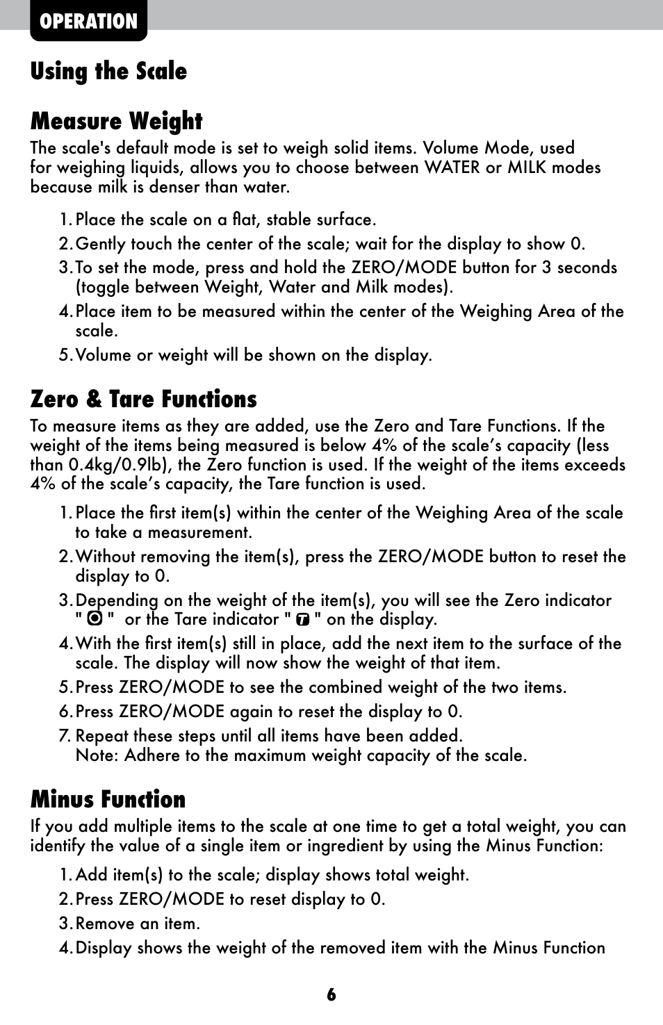 Using the scale measure weight, Zero & tare functions, Minus function | AcuRite 00947 Scale User Manual | Page 6 / 10