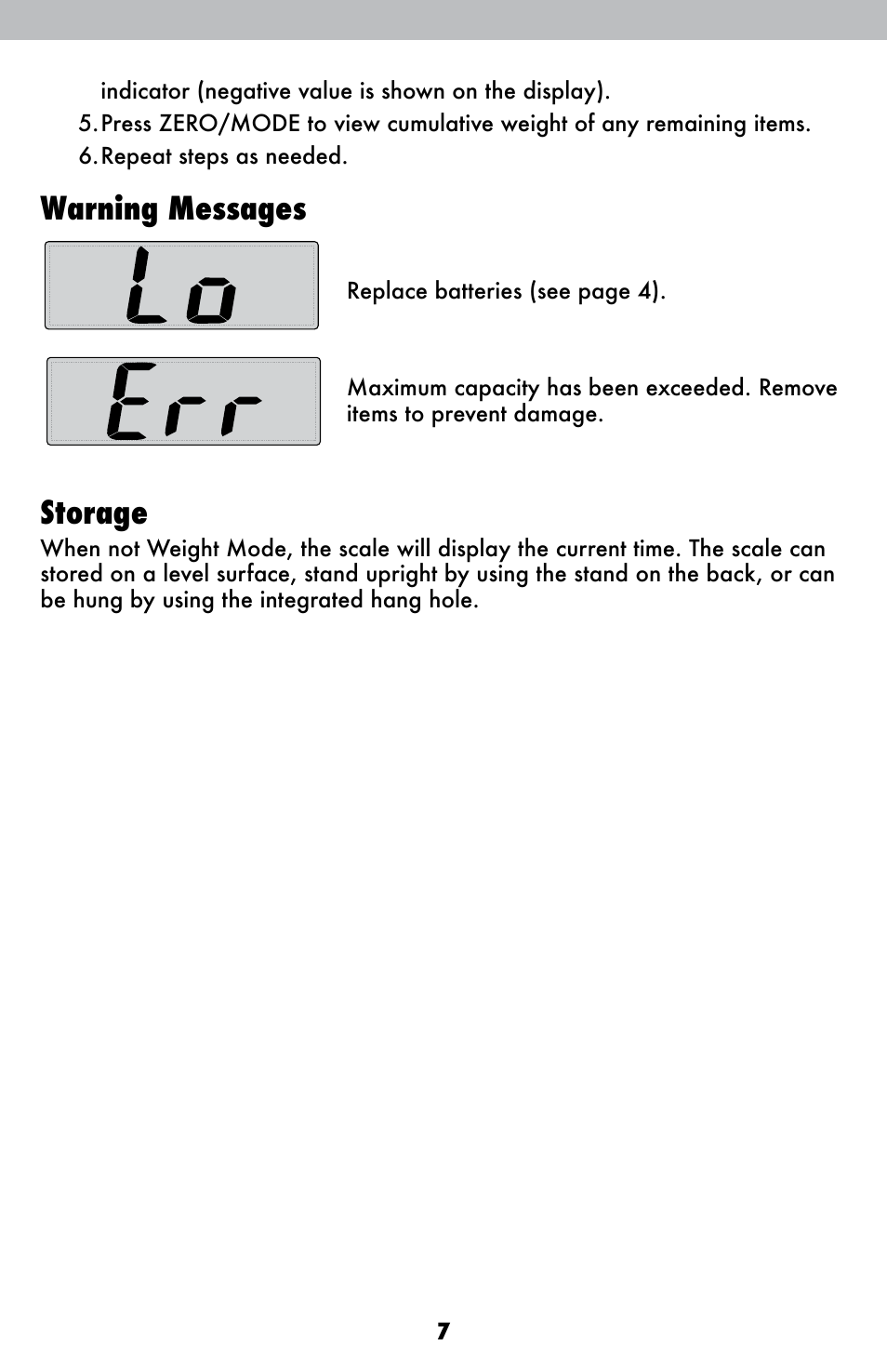 Warning messages, Storage | AcuRite 00947 Scale User Manual | Page 7 / 10