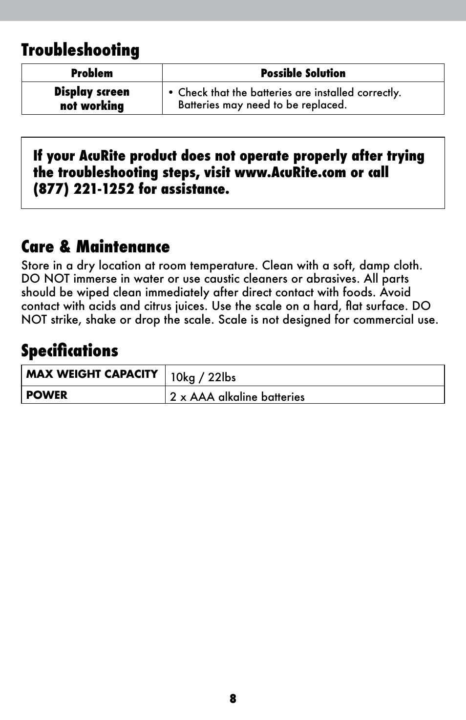 Care & maintenance, Specifications troubleshooting | AcuRite 00947 Scale User Manual | Page 8 / 10
