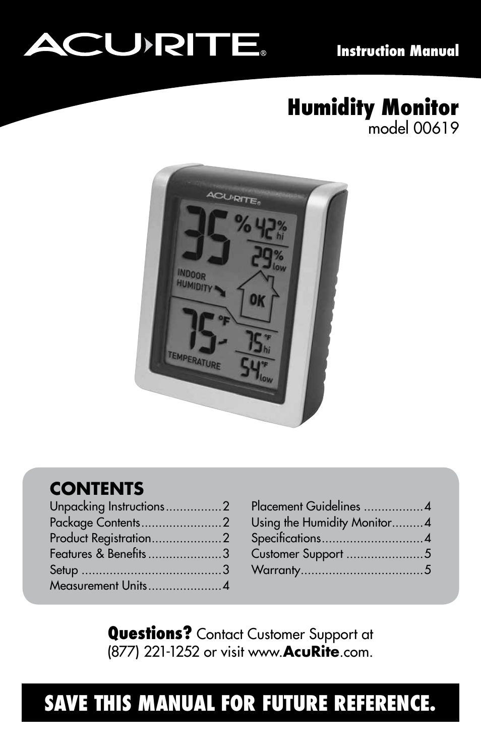 AcuRite 00619 Humidity Monitor User Manual | 6 pages