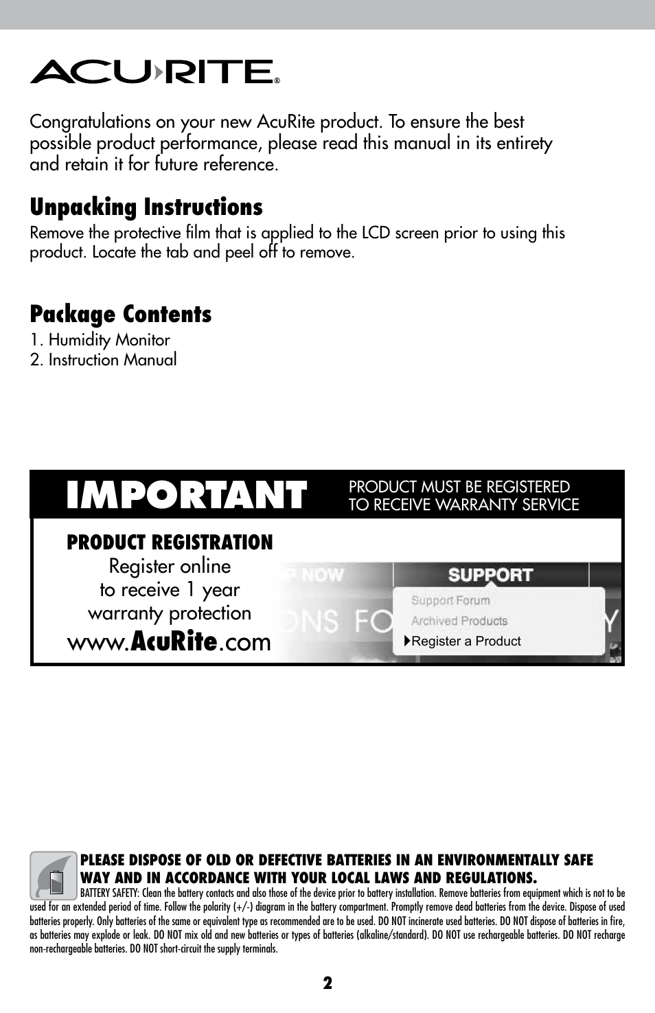 Important, Unpacking instructions, Package contents | AcuRite 00619 Humidity Monitor User Manual | Page 2 / 6