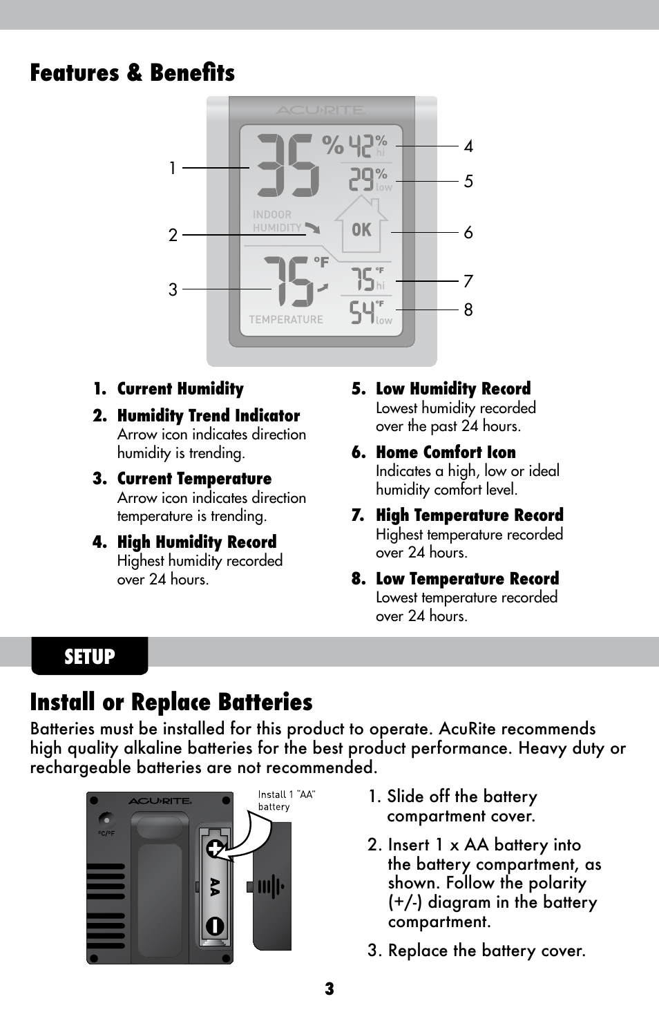 Features & benefits install or replace batteries, Setup | AcuRite 00619 Humidity Monitor User Manual | Page 3 / 6