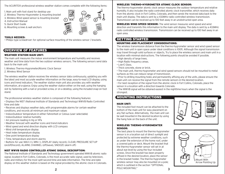 00595 pg2.pdf, Overview of features, Getting started | Mounting instructions | AcuRite 00595 Weather Station User Manual | Page 2 / 9
