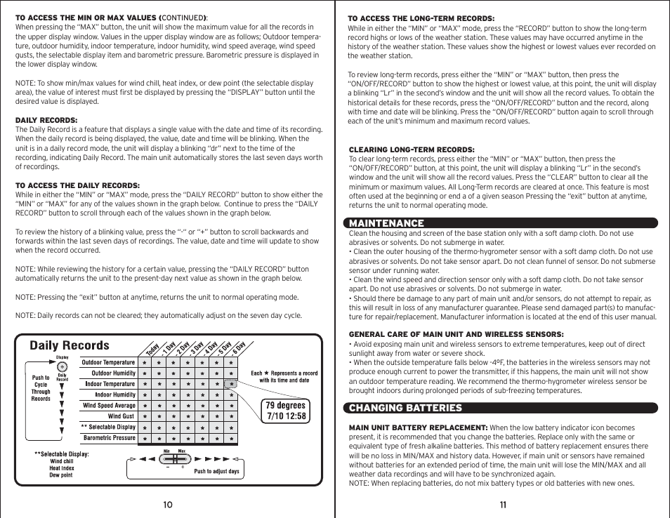 00595 pg6.pdf, Maintenance, Changing batteries | AcuRite 00595 Weather Station User Manual | Page 6 / 9