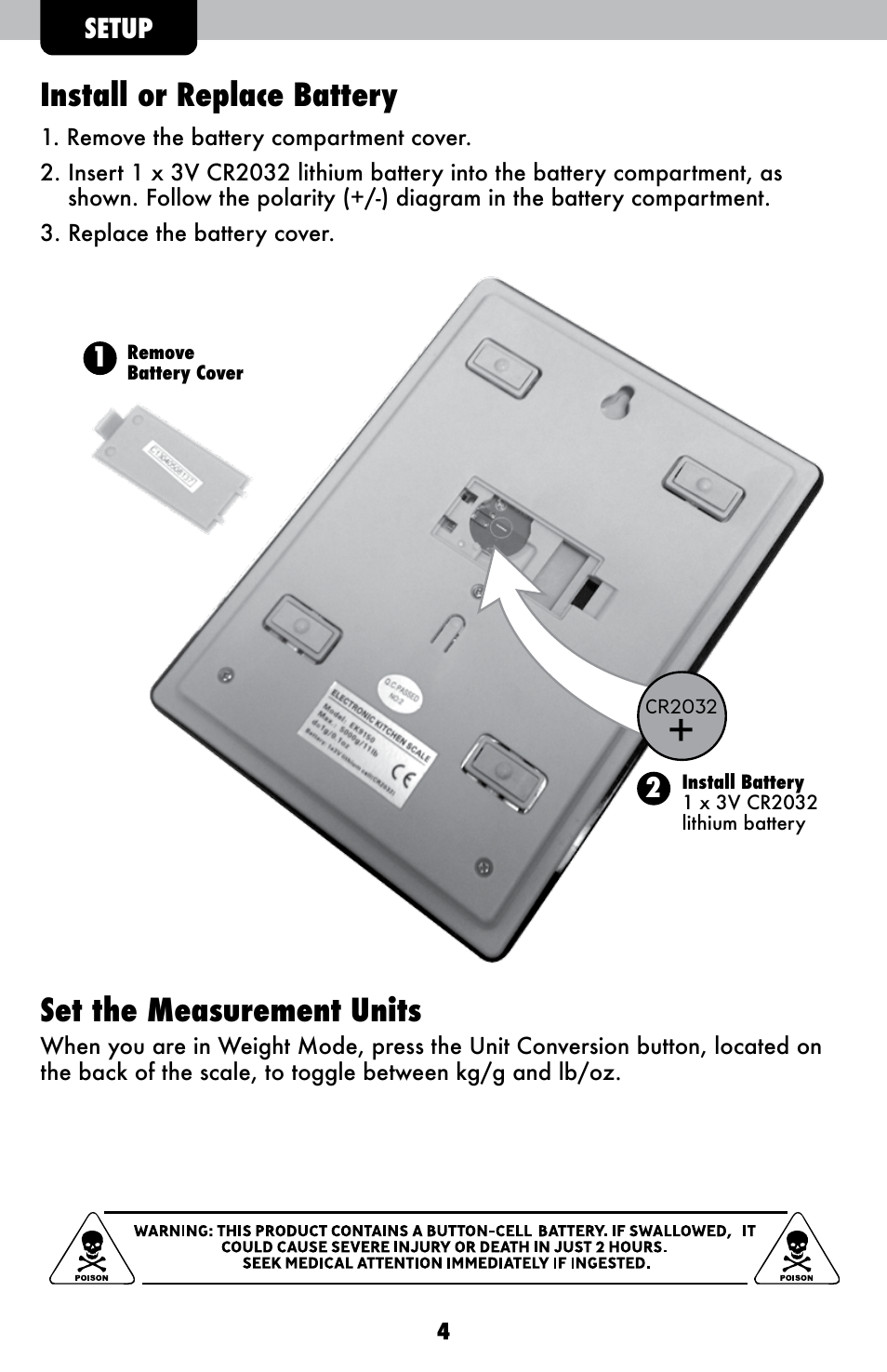 Install or replace battery, Set the measurement units | AcuRite 00945 Scale User Manual | Page 4 / 8