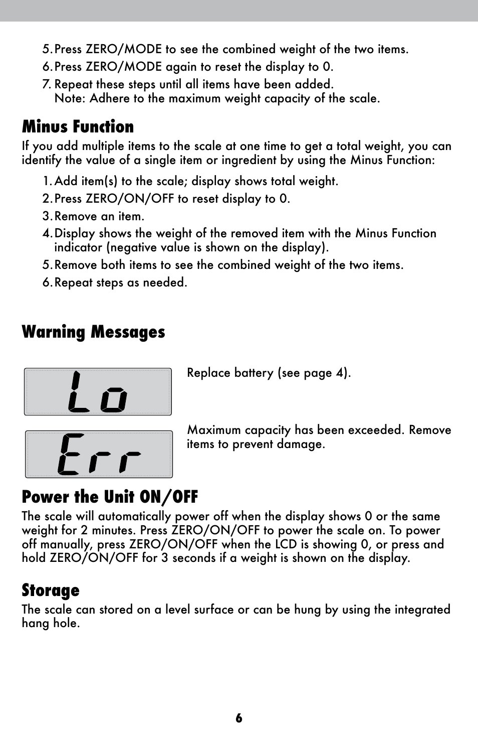 Minus function, Warning messages, Power the unit on/off | Storage | AcuRite 00945 Scale User Manual | Page 6 / 8