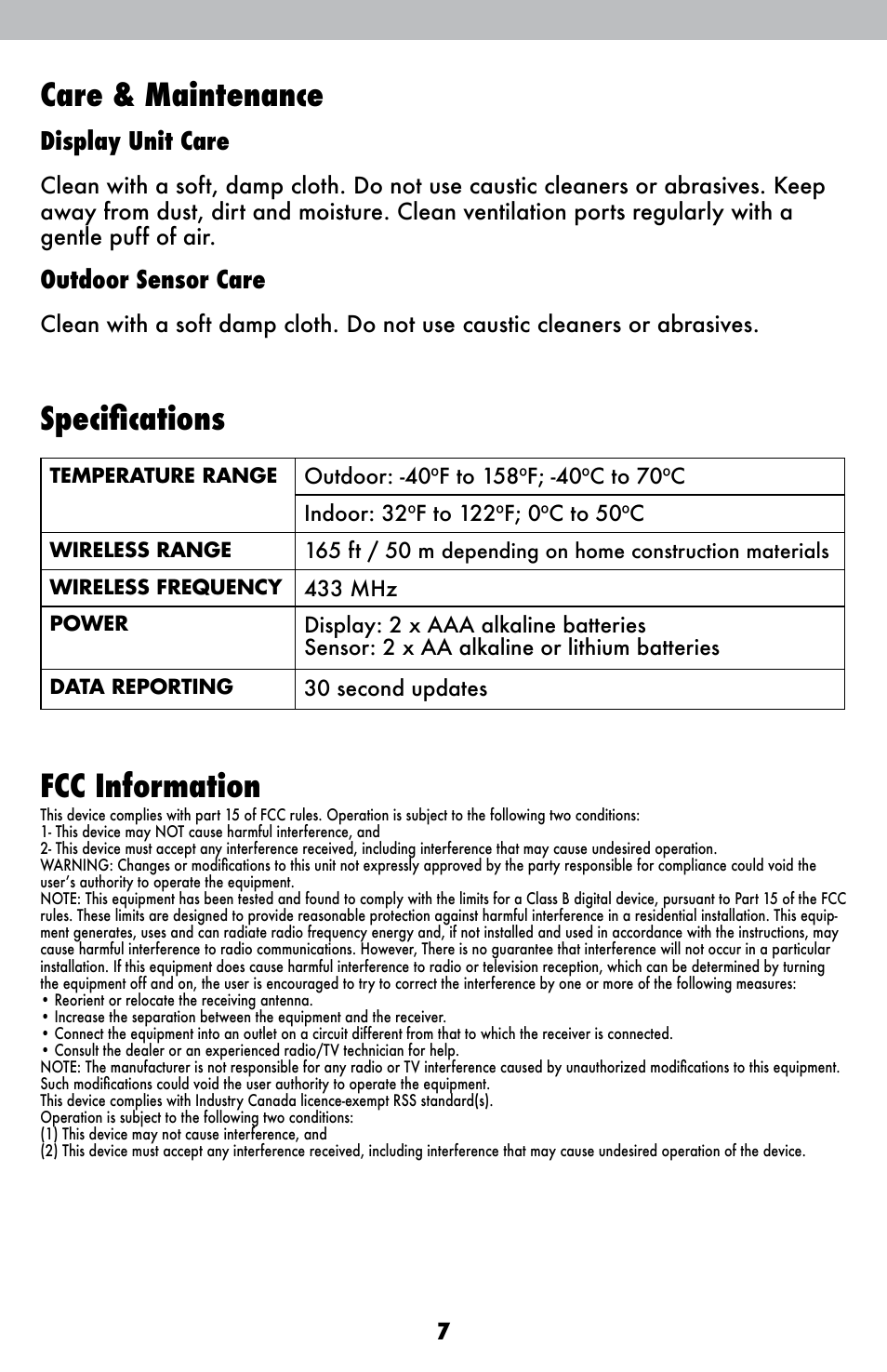 Care & maintenance, Specifications, Fcc information | Display unit care, Outdoor sensor care | AcuRite 00380 Thermometer User Manual | Page 7 / 10