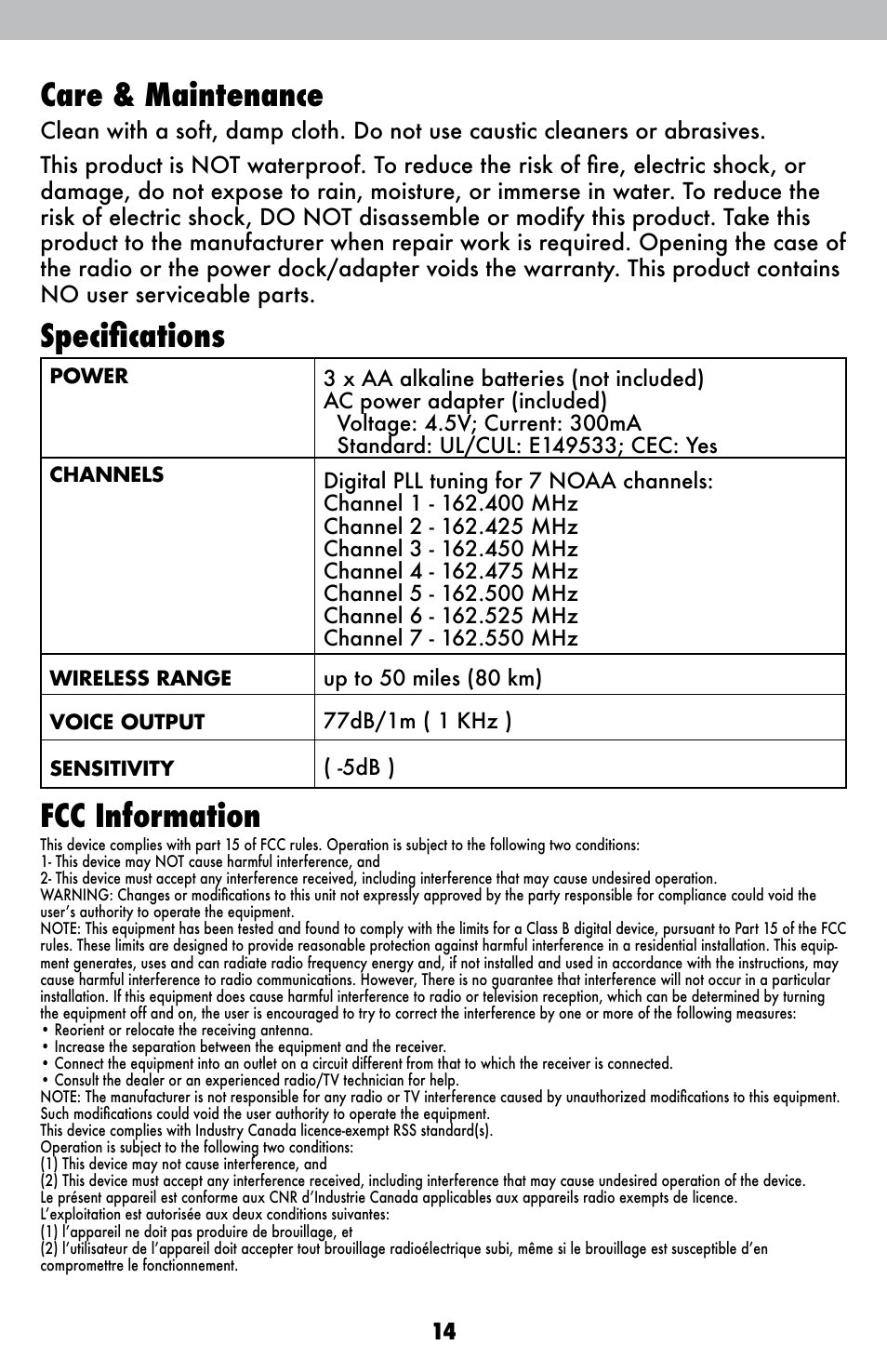 Care & maintenance, Specifications, Fcc information | AcuRite 08553W Weather Radio User Manual | Page 14 / 16