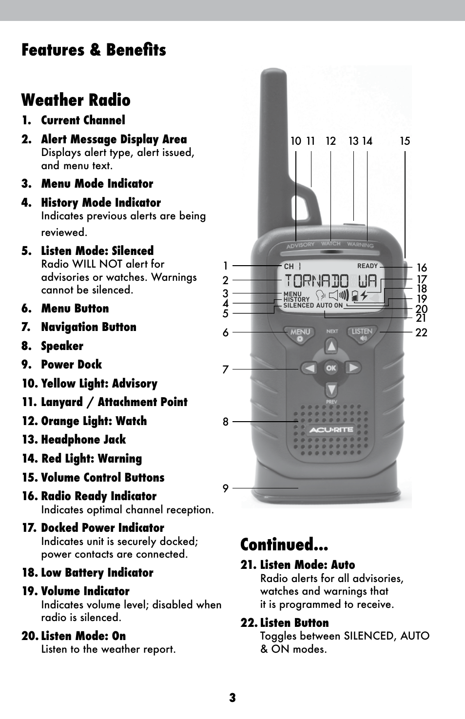 Features & benefits continued, Weather radio | AcuRite 08553W Weather Radio User Manual | Page 3 / 16