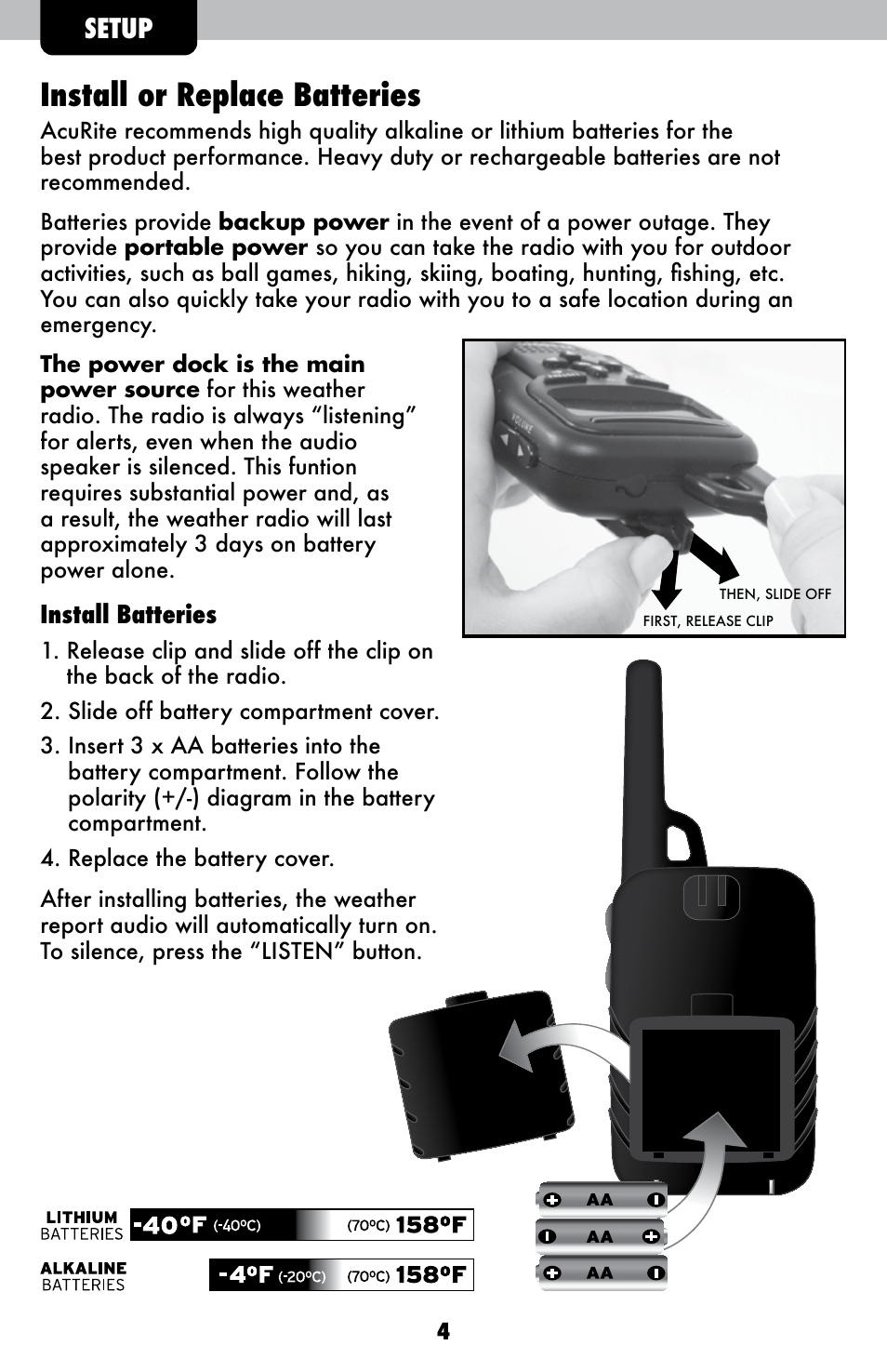 Install or replace batteries, Setup | AcuRite 08553W Weather Radio User Manual | Page 4 / 16