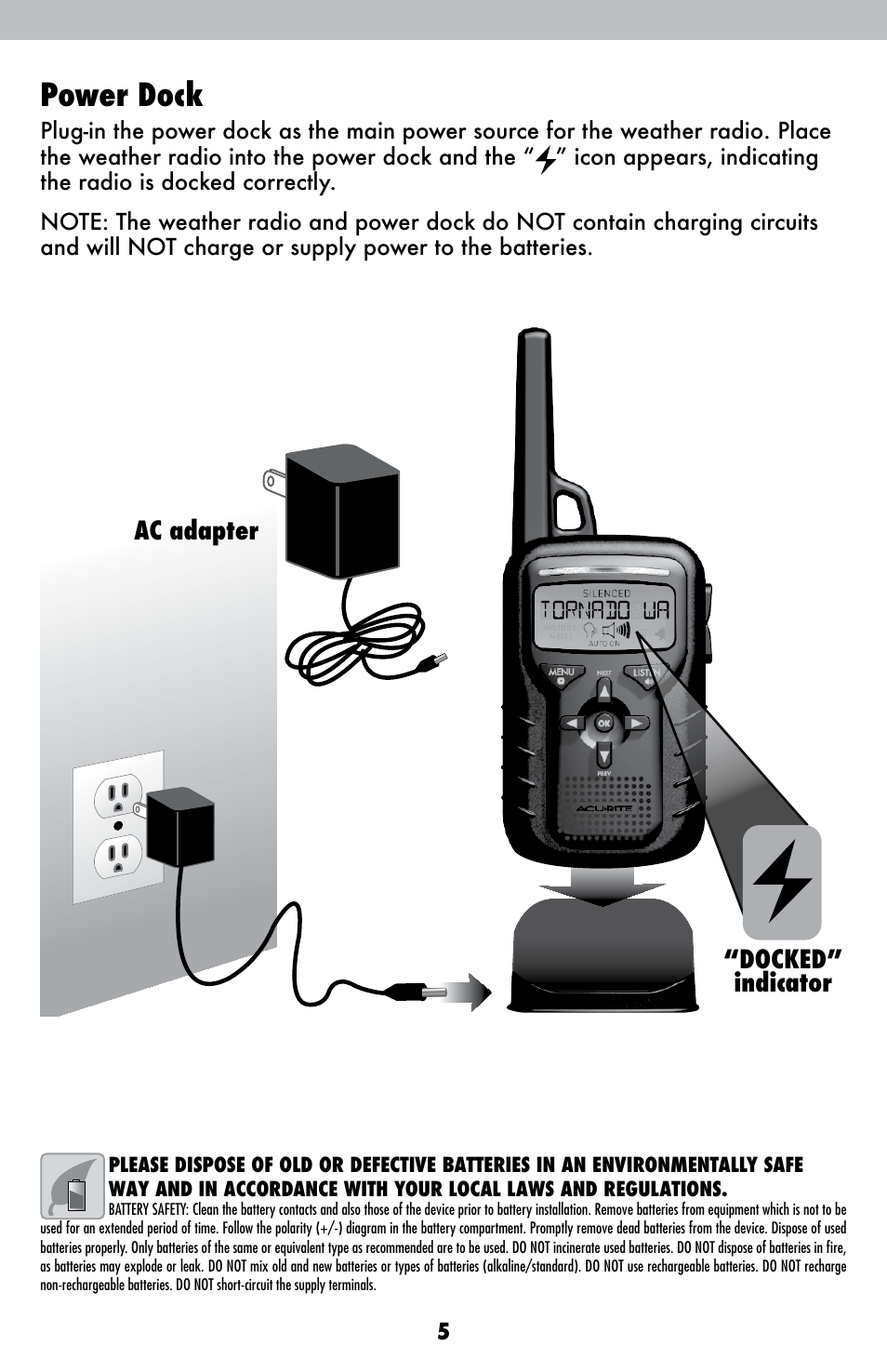 Power dock, Power dock ac adapter “docked” indicator | AcuRite 08553W Weather Radio User Manual | Page 5 / 16