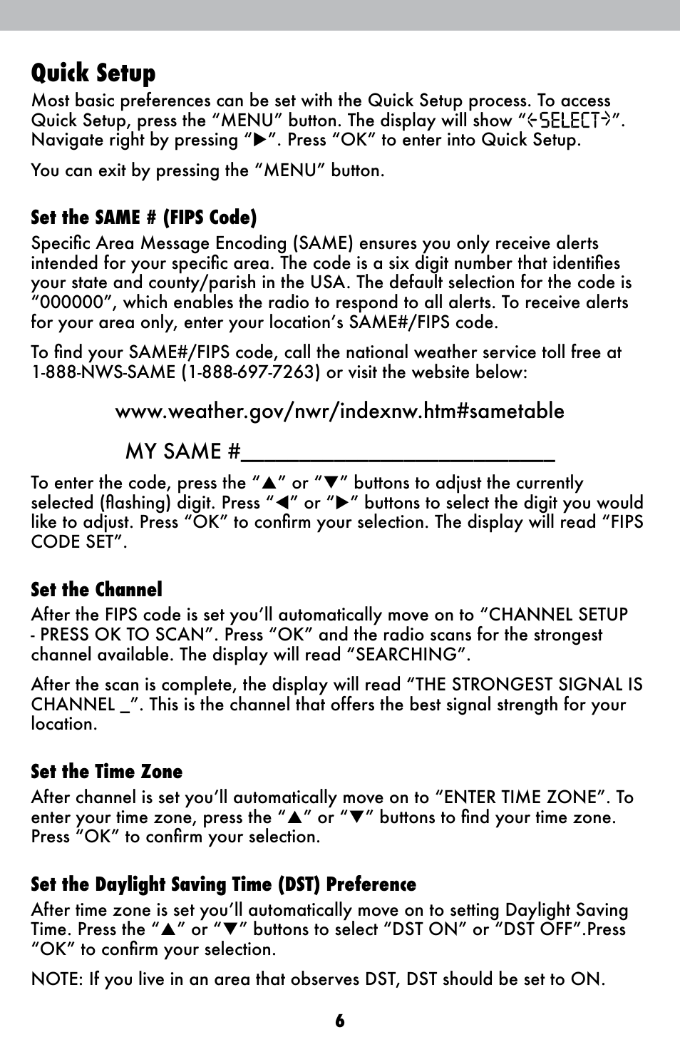 Quick setup | AcuRite 08553W Weather Radio User Manual | Page 6 / 16