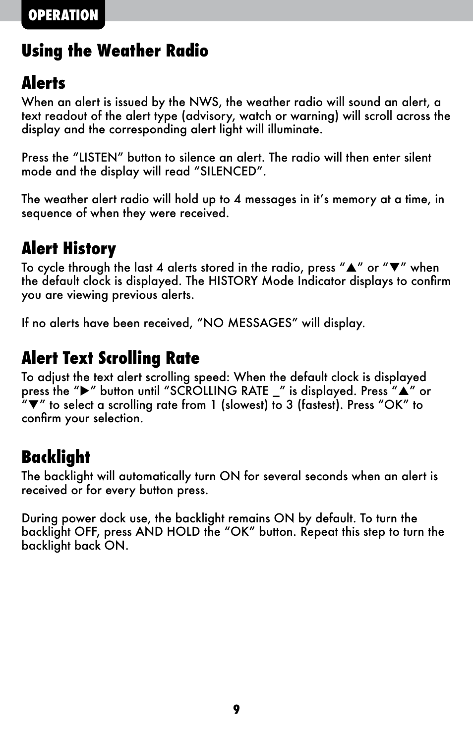 Using the weather radio alerts, Alert history, Alert text scrolling rate | Backlight | AcuRite 08553W Weather Radio User Manual | Page 9 / 16