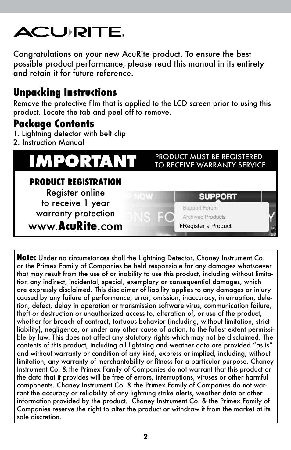 Important, Unpacking instructions, Package contents | AcuRite 02020 Lightning Detector User Manual | Page 2 / 10