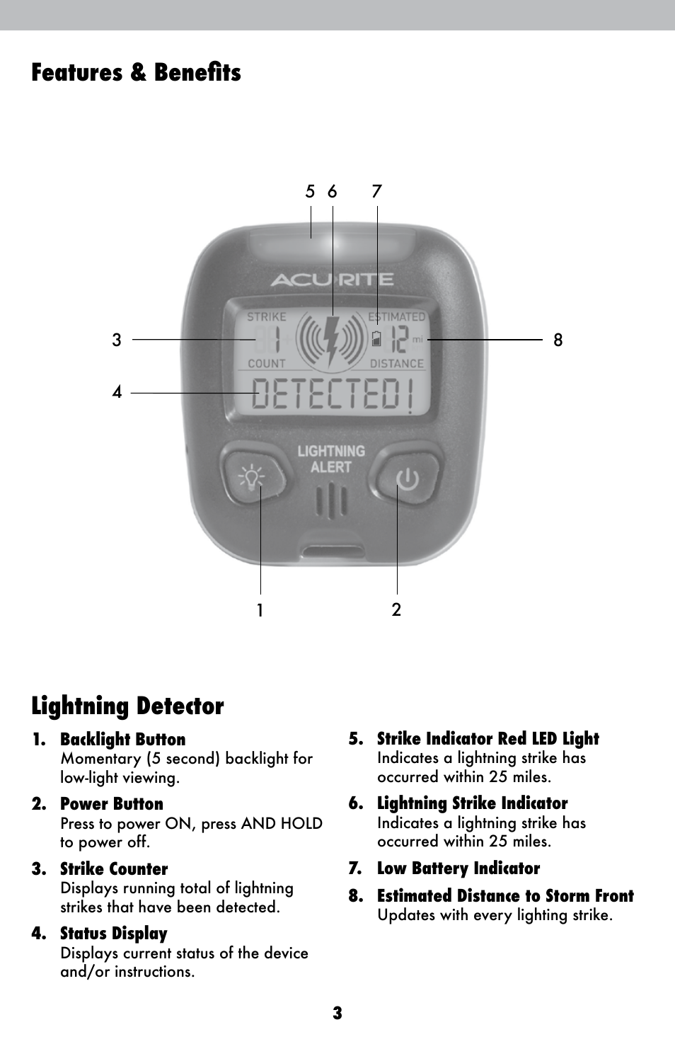 Features & benefits lightning detector | AcuRite 02020 Lightning Detector User Manual | Page 3 / 10